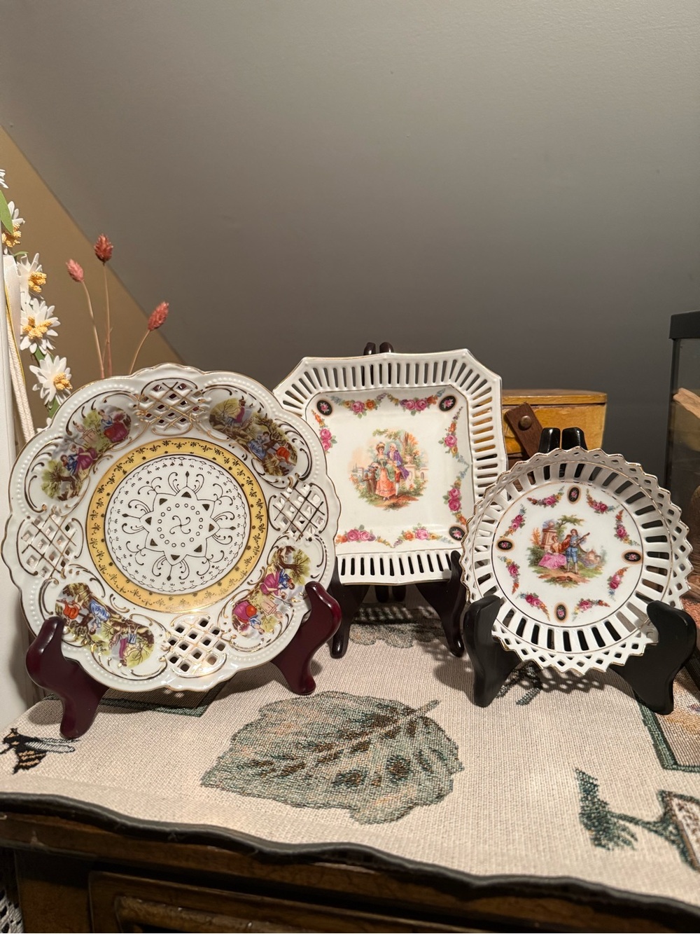 Vintage German Pierced Lattice Porcelain Plates Lot Courting Couple Floral (3)